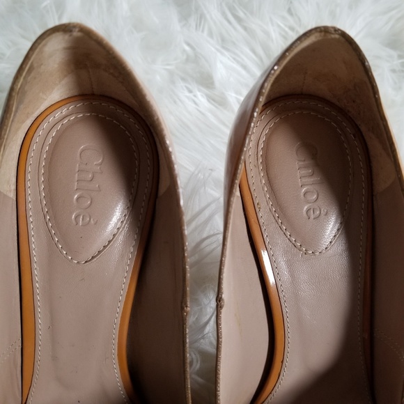 Chloe Patent Leather Bow Front Camel Pumps - Picture 3 of 8